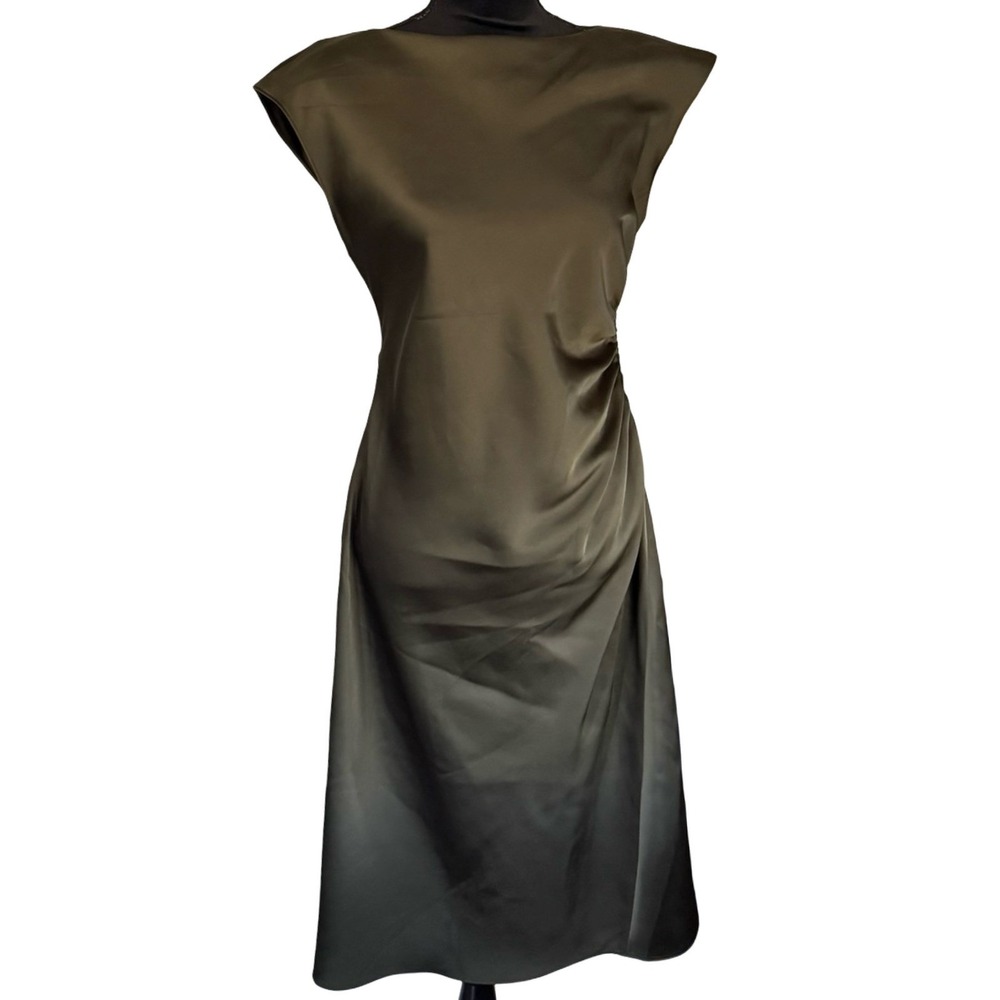 Banana Republic Olive Green Satin Ruched Midi Dress Cap Sleeve Size 8 - Picture 6 of 9